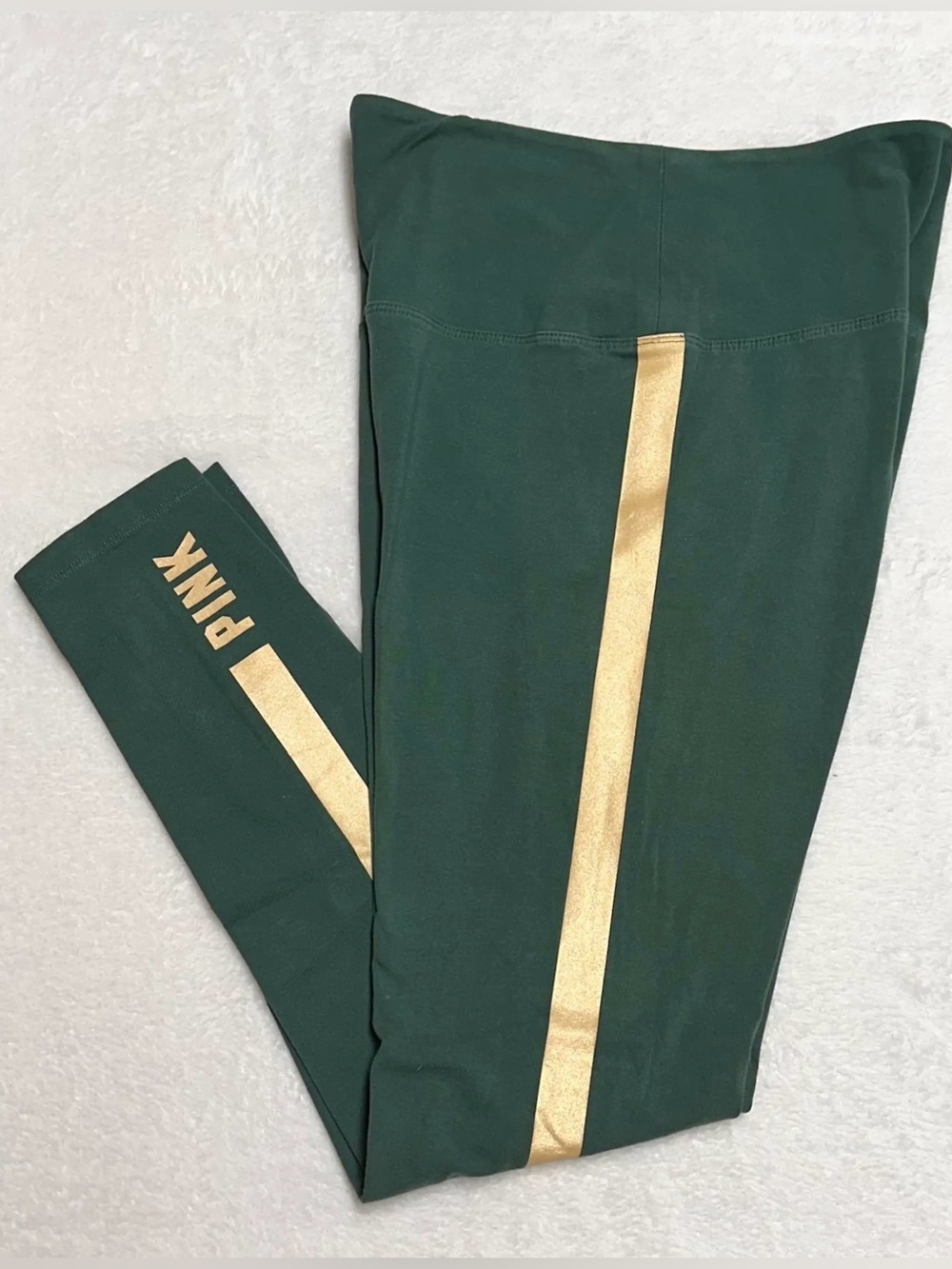 PINK Victoria's Secret Forest Green Leggings with Gold Side Stripe - Large